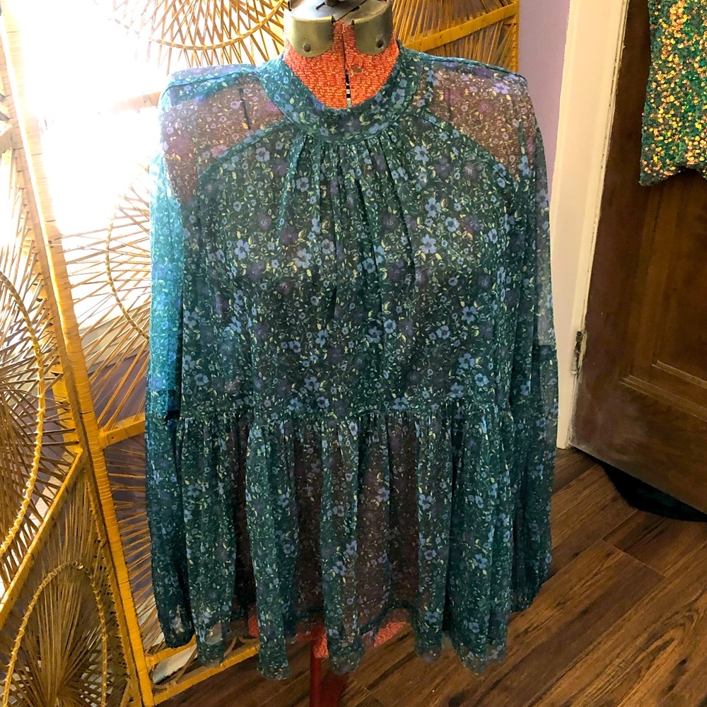 Free People Green Floral Tie Back Mesh Blouse